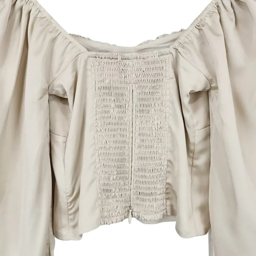Abercrombie & Fitch Puff Sleeve Ruched Satin Crop Top Champagne XS NWT - Picture 6 of 7